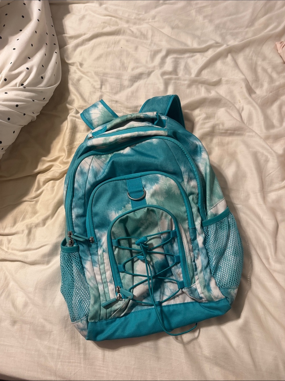 Teal Tie-Dye Backpack with Front Bungee